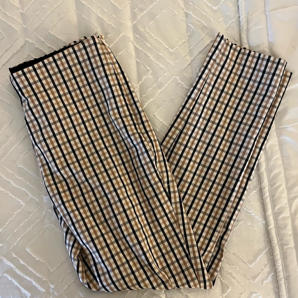Brown and Black Plaid Elastic Waist Trousers Slim Fit